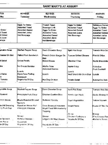 Dining Room Menu: February 16-22, 2025