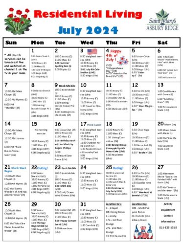 July 24 Residential Living Calendar