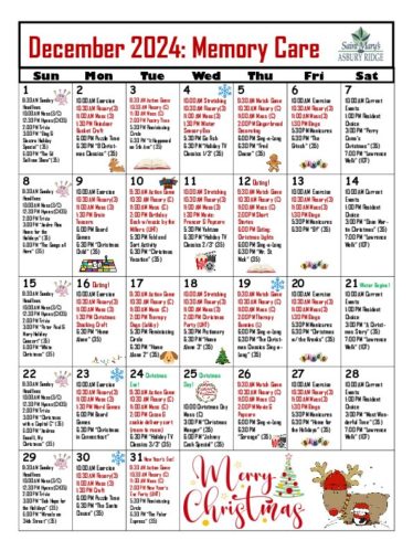 Memory Care Calendar December 2024