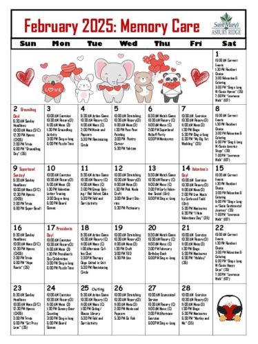 Memory Care Calendar February 2025