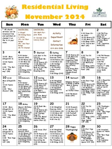 Residential Living Calendar November 2024